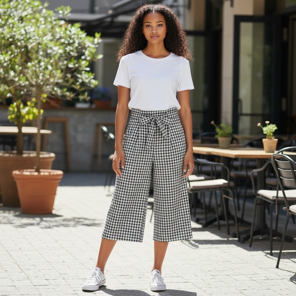 Each X Other Women Gingham Wide Leg Culotte Pants Black White Tie Waist M Goucho